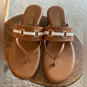 Italian Shoemakers Wedge Sandals, Sz. 8.5, Tan with white strap & gold accents